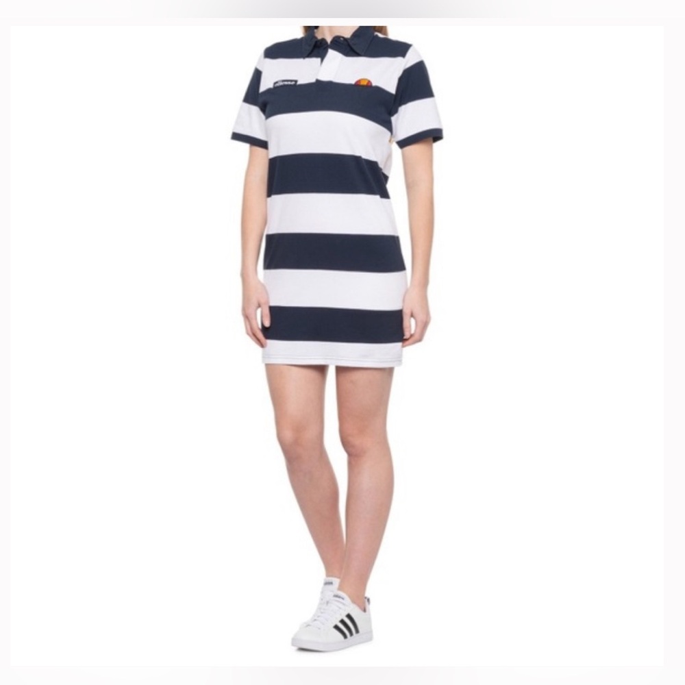 Ellesse Navy Blue White Striped Polo Shirt Dress, Tennis Dress, Nautical Summer - Picture 2 of 3